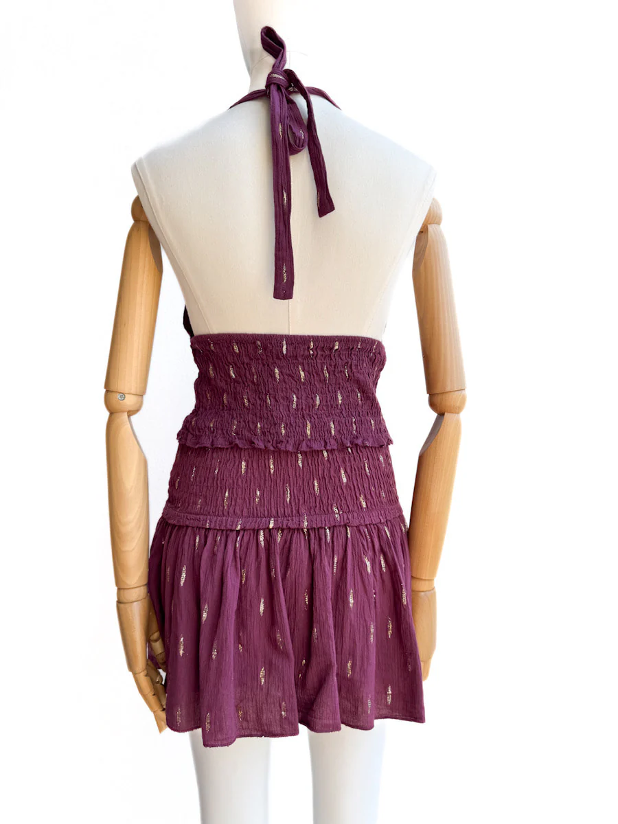 Conjunto halter de top smock y falda pantalón con detalles dorados - Imagen 6