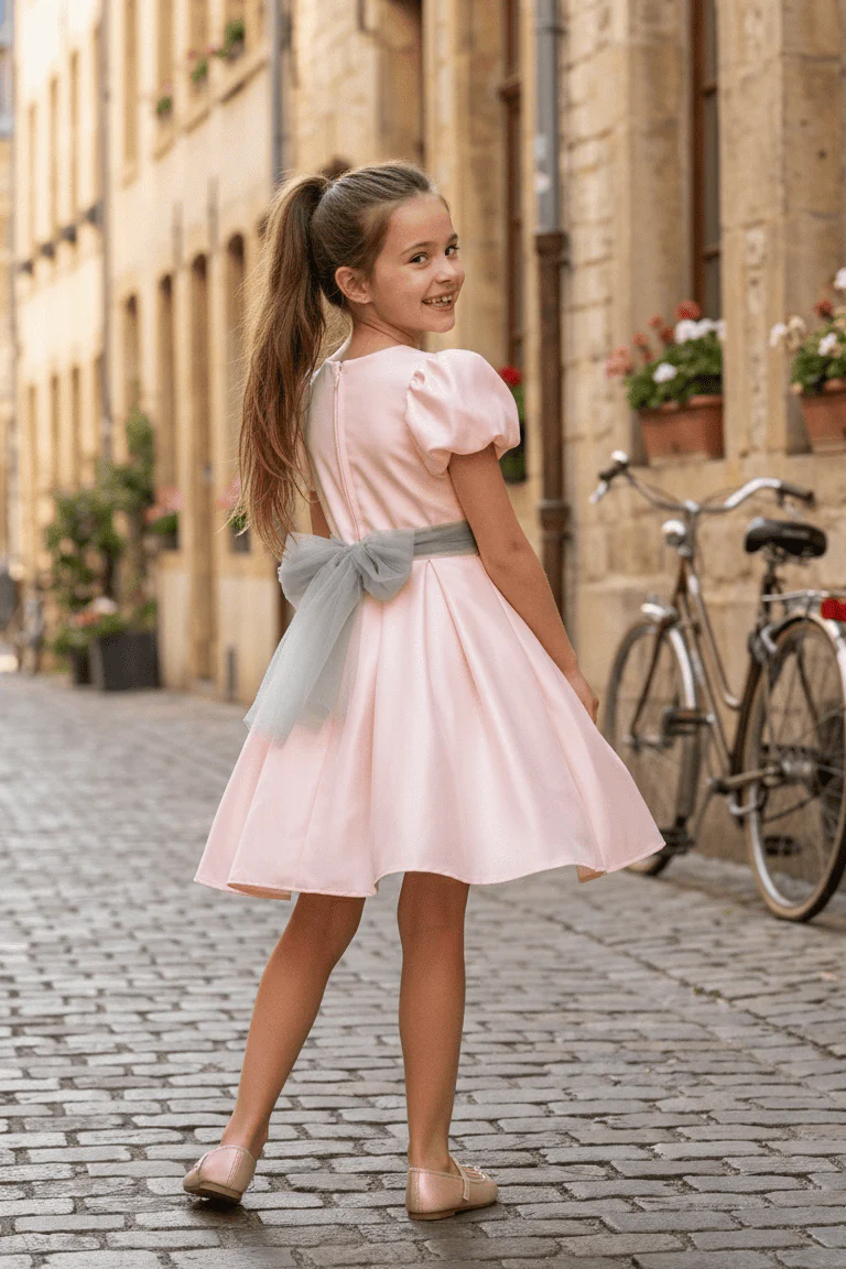 Vestido de arras rosa lazada verde - Imagen 3